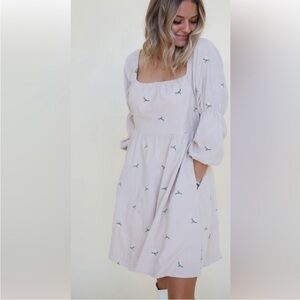 DAVI & DANI Cream Corduroy Midi Dress with Green Floral Embroidery